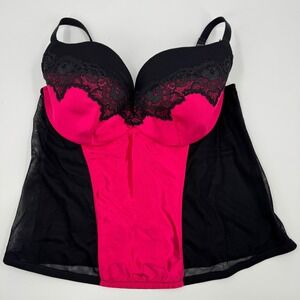 Cacique Pink Black Lace Underwire Babydoll Chemise Teddy Bra Plus Size 26 28